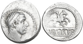 L. Marcius Philippus. AR Denarius, 56 BC. Obv. Diademed head of Ancus Marcius right; behind, lituus; below, ANCVS. Rev. PHILIPPVS. Equestrian statue r...