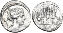 Faustus Cornelius Sulla. AR Denarius, 56 BC. Obv. Laureate, diademed and draped bust of Venus right; behind, sceptre and S·C. Rev. Three trophies; on ...