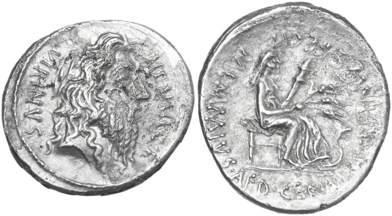 C. Memmius. AR Denarius, 56 BC. Obv. Laureate and bearded head of Quirinus right...