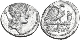 Q. Cassius Longinus. AR Denarius, 55 BC. Obv. Head of Genius Populi Romani right, with sceptre over shoulder. Rev. Eagle on thunderbolt right; on left...