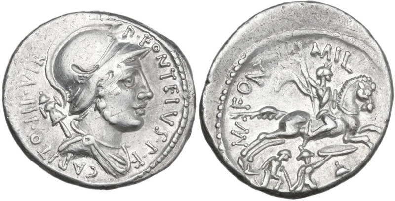 P. Fonteius Capito. AR Denarius, 55 BC. Obv. P·FONTEIVS·P·F·CAPITO·III·VIR. Helm...