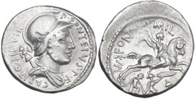 P. Fonteius Capito. AR Denarius, 55 BC. Obv. P·FONTEIVS·P·F·CAPITO·III·VIR. Helmeted and draped bust of Mars right, with trophy over shoulder. Rev. MN...