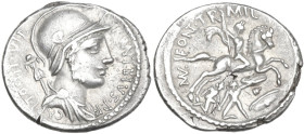 P. Fonteius Capito. AR Denarius, 55 BC. Obv. P·FONTEIVS·P·F·CAPITO·III·VIR. Helmeted and draped bust of Mars right, with trophy over shoulder. Rev. MN...