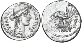 A. Plautius. AR Denarius, 55 BC. Obv. Turreted head of Cybele right; before, A·PLAVTIVS; behind, AED·CVR·S·C. Rev. Male figure kneeling right and exte...