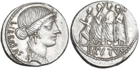 M. Iunius Brutus. AR Denarius, 54 BC. Obv. Head of Libertas right; behind, LIBERTAS. Rev. The consul L. Iunius Brutus walking left between two lictors...