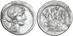 M. Iunius Brutus. AR Denarius, 54 BC. Obv. Head of Libertas right; behind, LIBERTAS. Rev. The consul L. Iunius Brutus walking left between two lictors...