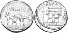 Q. Pompeius Rufus. AR Denarius, 54 BC. Obv. Curule chair; on left, arrow; on right, laurel-branch; above, Q·POMPEI·Q·F / RVFVS; below, COS on tablet. ...