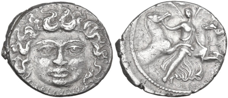 L. Plautius Plancus. AR Denarius, Rome mint, 47 BC. Obv. Head of Medusa facing, ...