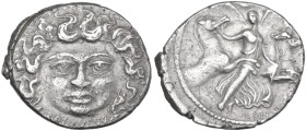 L. Plautius Plancus. AR Denarius, Rome mint, 47 BC. Obv. Head of Medusa facing, with coiled snake on either side; below,L·PLAVTIVS. Rev. Aurora flying...