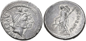 Mn. Cordius Rufus. AR Denarius, 46 BC. Obv. RVFVS·III·VIR. Jugate heads of the Dioscuri right, wearing pilei decorated with fillet and surmounted by s...
