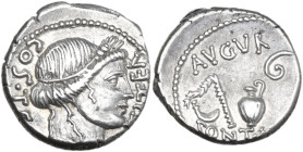Julius Caesar. AR Denarius, uncertain mint, 46 BC. Obv. Head of Ceres right; behind, COS·TERT; before, DICT·ITER. Rev. Culullus, aspergillum, jug and ...