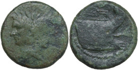 Sextus Pompeius Magnus Pius. AE As, c. 42-38 BC. Sicily. Obv. [MGN or MAGN] Laureate Janiform head of Pompey the Great. Rev. [PIVS] Prow right; below,...