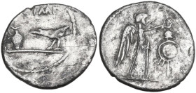 Marcus Antonius. AR Quinarius, unknown mint in Gallia Transalpina and Cisalpina, 43-42 BC. Obv. Lituus, jug and raven; above, M·ANT·IMP (ANT ligate). ...
