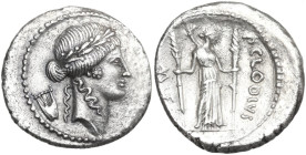 P. Clodius M. f. Turrinus. AR Denarius, 42 BC. Obv. Laureate head of Apollo right; behind, lyre. Rev. Diana standing facing, with bow and quiver over ...