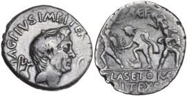 Sextus Pompeius. AR Denarius, uncertain Sicilian mint, 42-40 BC. Obv. Head of Cn. Pompeius Magnus right; behind, jug; before, lituus; around, MAG·PIVS...