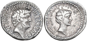 Marcus Antonius and Octavianus with M. Barbatius. AR Denarius, mint moving with Marcus Antonius, 41 BC. Obv. Head of Marcus Antonius right; around, M·...