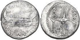 Mark Antony. AR Denarius, mint moving with Marcus Antonius, 32-31 BC. Obv. Praetorian galley right; above, ANT·AVG; below, III·VIR·R·P·C. Rev. Legiona...