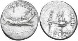 Marcus Antonius. AR Denarius, mint moving with Marcus Antonius, 32-31 BC. Obv. Praetorian galley right, with sceptre tied with fillet on prow; above, ...