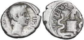 Augustus (27 BC - 14 AD). AR Quinarius, uncertain mint in Asia Minor, 29-26 BC. Obv. Bare head right. Rev. Victory standing left on cista mystica, bet...