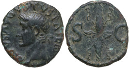 Divus Augustus (died 14 AD). AE As, struck under Tiberius, 34-37. Obv. Head of Augustus, radiate, left. Rev. S C. Winged thunderbolt upright. RIC I (2...