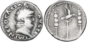 Nero (54-68). AR Denarius, struck 68 AD. Obv. IMP NERO CAESAR AVG PP. Laureate head right. Rev. Legionary eagle between two standards. RIC I (2nd ed.)...