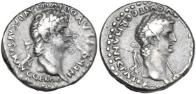 Nero with Divus Claudius (54-68). AR Didrachm, Caesarea-Eusebia mint, Cappadocia. Obv. NERO CLAVD DIVI CLAVD F CAESAR AVG GERMA. Laureate head of Nero...