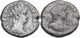 Nero (54-68). AR Tetradrachm, Alexandria mint (Egypt), dated RY 12 (65-66). Obv. Radiate bust right, wearing aegis. Rev. Bust of Alexandria right, dra...