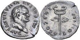 Vespasian (69-79). AR Denarius, 74 AD. Obv. IMP CAESAR VESPASIANVS AVG. Laureate head right. Rev. PON MAX TR P COS V. Winged caduceus. RIC II-p. 1 (2n...