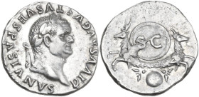 Vespasian (Divus, after 79 AD). AR Denarius, struck under Titus. Obv. DIVVS AVGVSTVS VESPASIANVS. Laureate head right. Rev. SC on shield supported by ...