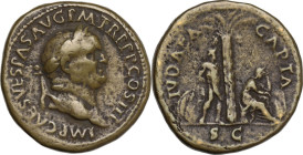 Vespasian (69-79 AD). AE Paduan, imitating the Sestertius 'Iudaea Capta', 16th-17th centuries. Obv. IMP CAES VESPAS AVG PM TR P P P COS III. Laureate ...