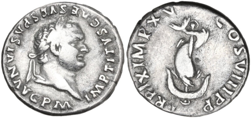 Titus (79-81). AR Denarius, Rome mint, 80 AD. Obv. IMP TITVS CAES VESPASIAN AVG ...