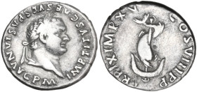 Titus (79-81). AR Denarius, Rome mint, 80 AD. Obv. IMP TITVS CAES VESPASIAN AVG P M. Head of Titus, laureate, right. Rev. TR P IX IMP XV COS VIII P P....