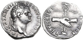 Domitian as Caesar (69-81). AR Denarius, 79 AD. Obv. CAESAR AVG F DOMITIANVS COS VI. Laureate head right. Rev. PRINCEPS IVVENTVTIS. Clasped hands befo...