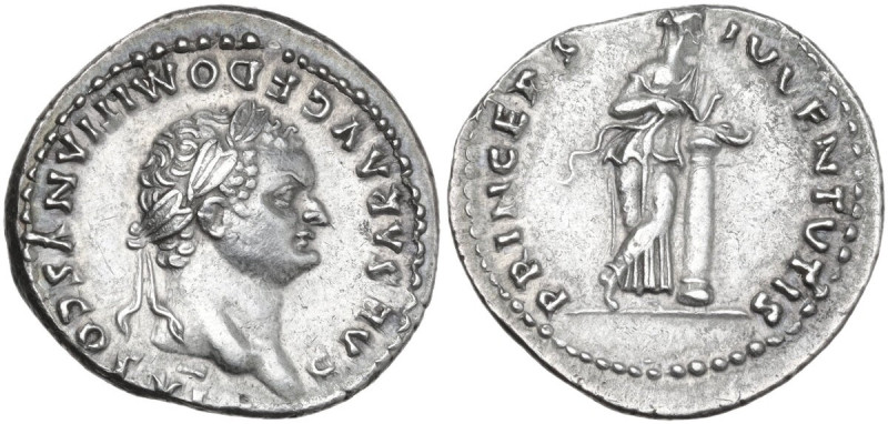Domitian as Caesar (69-81). AR Denarius, 79 AD. Obv. CAESAR AVG F DOMITIANVS COS...