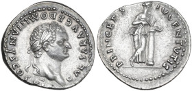 Domitian as Caesar (69-81). AR Denarius, 79 AD. Obv. CAESAR AVG F DOMITIANVS COS VI. Laureate head right. Rev. PRINCEPS IVVENTVTIS. Salus standing rig...
