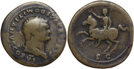 Domitian as Caesar (69-81). AE Sestertius, 79 AD. Obv. Laureate and draped bust right. Rev. Domitian riding left, holding sceptre in left hand, and ra...