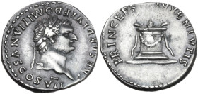 Domitian as Caesar (69-81). AR Denarius, struck under Titus, 80 AD. Obv. CAESAR DIVI F DOMITIANVS COS VII. Laureate head right. Rev. PRINCEPS IVVENTVT...