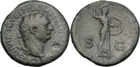 Domitian (81-96). AE Sestertius, 80-81 AD. Obv. Laureate head right. Rev. Minerva advancing right brandishing javelin and holding shield. RIC II-p. 1 ...