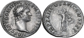 Domitian (81-96). AR Denarius, 93-94 AD. Obv. IMP CAES DOMIT AVG GERM PM TR P XIII. Laureate head right. Rev. IMP XXII COS XVI CENS PPP. Minerva advan...
