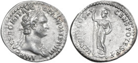 Domitian (81-96). AR Denarius, 85 AD. Obv. IMP CAES DOMIT AVG GERM P M TR P IIII. Laureate head right with aegis. Rev. IMP VIII COS XI CENS POT P P. M...