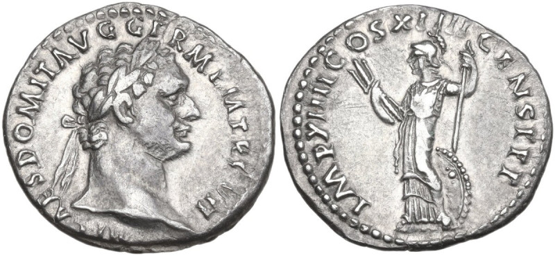 Domitian (81-96). AR Denarius, 88. Obv. Laureate head right. Rev. Minerva standi...