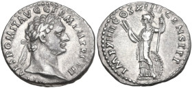 Domitian (81-96). AR Denarius, 88. Obv. Laureate head right. Rev. Minerva standing left, holding thunderbolt and spear; shield at side. RIC II-p. 1 (2...