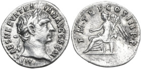 Trajan (98-117). AR Denarius, 100 AD. Obv. IMP CAES NERVA TRAIAN AVG GERM. Laureate bust right, with aegis. Rev. PM TR P COS III PP. Victory seated le...