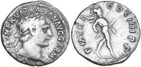 Trajan (98-117). AR Denarius, 101-102. Obv. Laureate bust right, slight drapery on far shoulder. Rev. Mars advancing right, carrying spear and trophy....