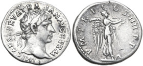 Trajan (98-117). AR Denarius, 101-102. Obv. IMP CAES NERVA TRAIAN AVG GERM. Laureate bust right. Rev. PM TR P COS IIII PP. Victory standing right on p...