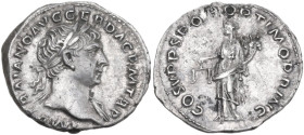 Trajan (98-117). AR Denarius, struck c. 107-111. Obv. IMP TRAIANO AVG GER DAC PM TR P. Laureate bust right, slight drapery on left shoulder. Rev. COS ...