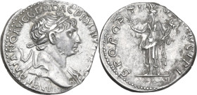 Trajan (98-117). AR Denarius, 103-104. Obv. IMP TRAIANO AVG GER DAC PM TR P COS V PP. Laureate bust right, draped over left shoulder. Rev. SPQR OPTIMO...