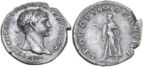 Trajan (98-117). AR Denarius, 103-104. Obv. IMP TRAIANO AVG GER DAC PM TR P COS V PP. Laureate bust right, with slight drapery on far shoulder. Rev. S...