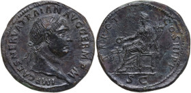 Trajan (98-117). AE Sestertius, 99-100. Obv. Laureate bust right. Rev. Concordia, draped, seated left on chair without back, sacrificing with patera i...
