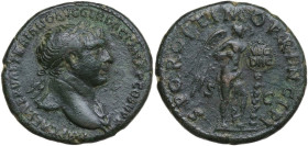 Trajan (98-117). AE As, 103-111. Obv. Laureate bust right, wearing aegis. Rev. Victory standing right and fastening a shield inscribed VIC/DAC to a pa...